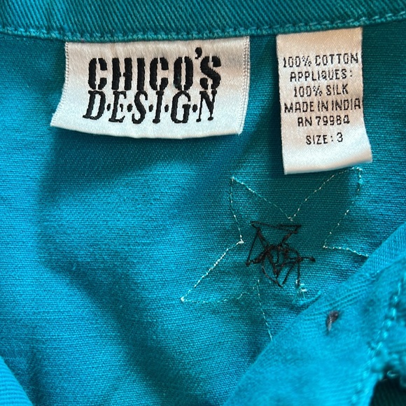 Chico’s Design Teal Appliquéd Unlined Jacket Size 3 (16)Silver Buttons - Picture 6 of 12